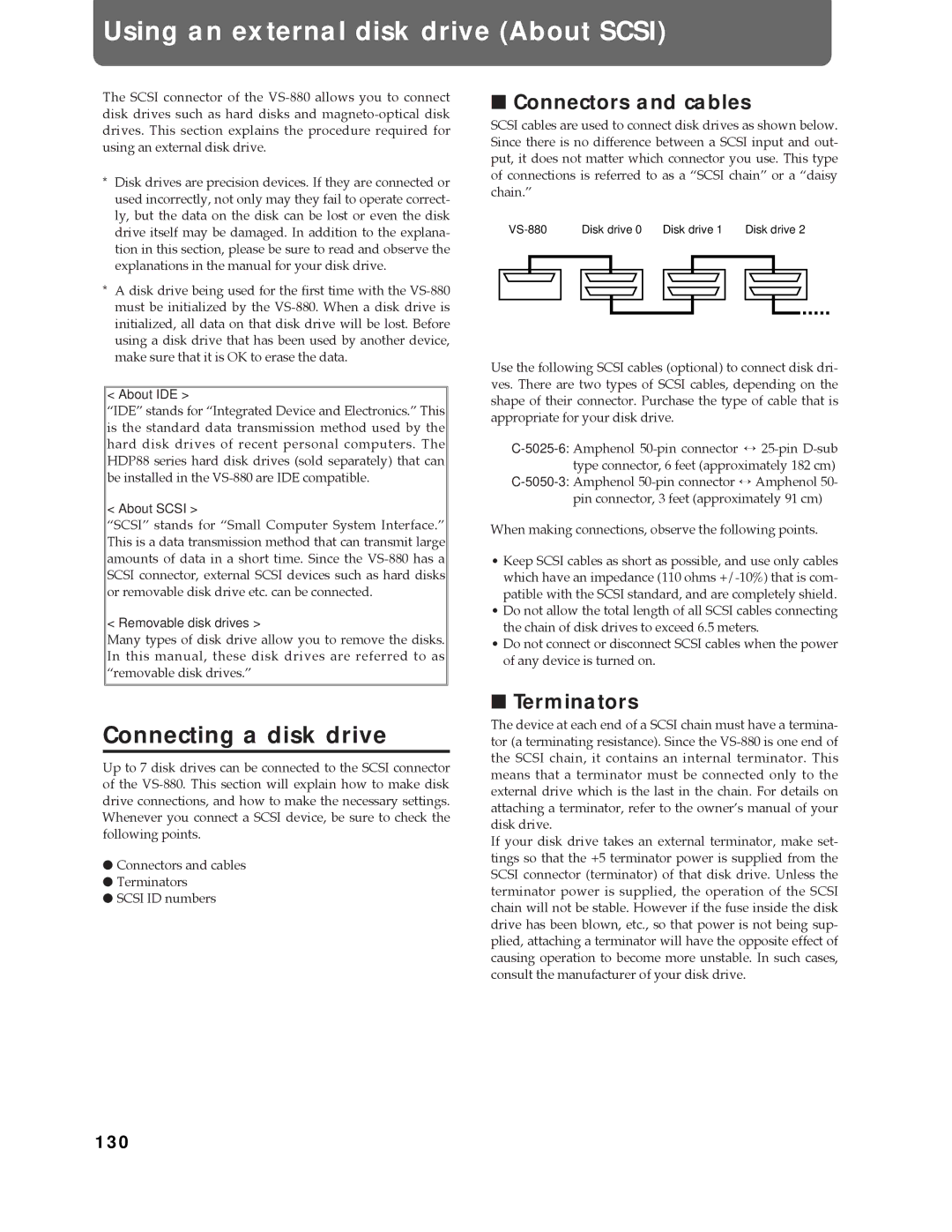 Roland Vs-880 Using an external disk drive About Scsi, Connecting a disk drive, Connectors and cables, Terminators, 130 