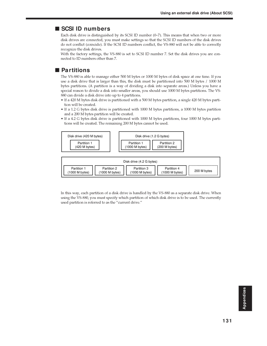 Roland Vs-880 important safety instructions Scsi ID numbers, Partitions, 131, Using an external disk drive About Scsi 