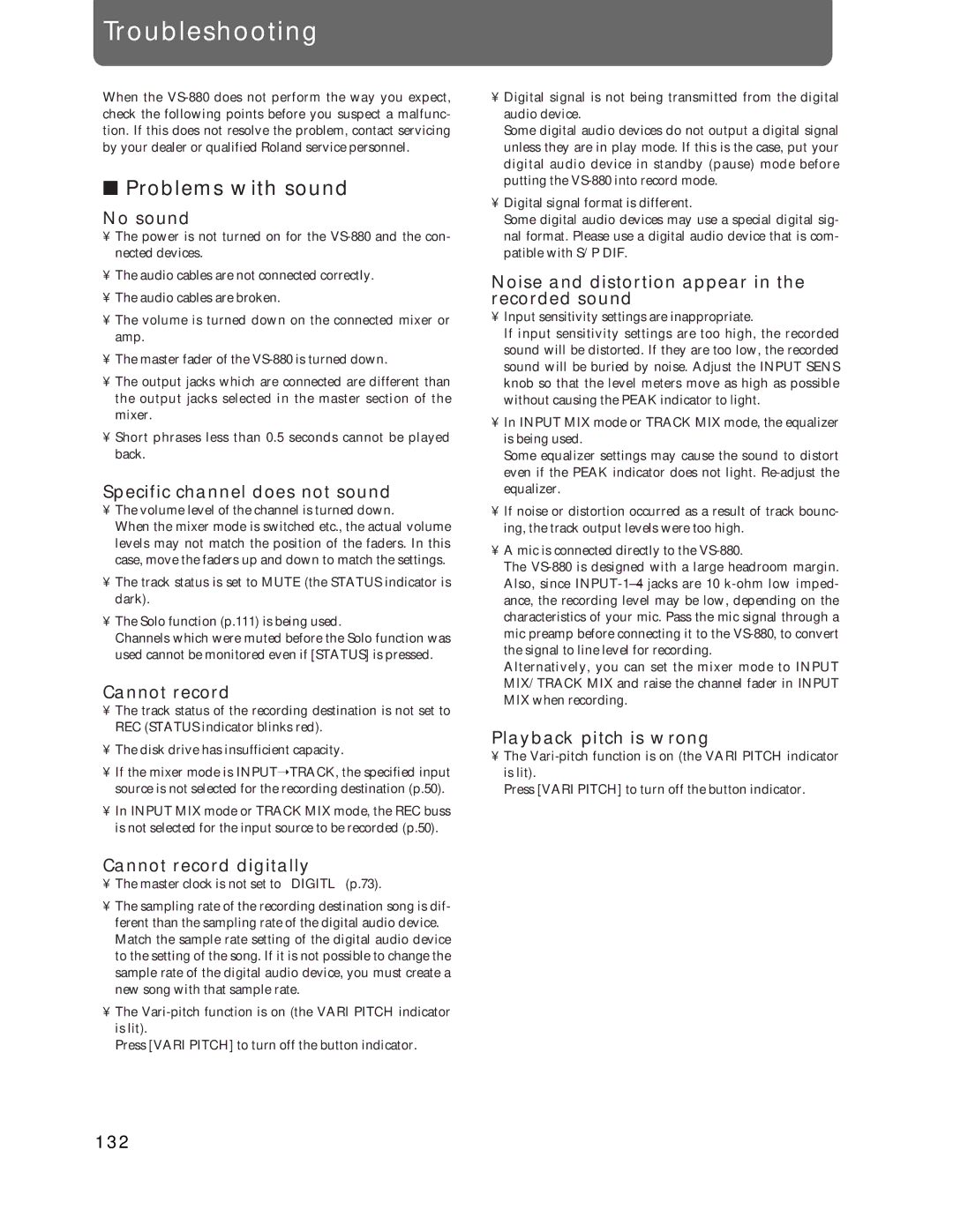 Roland Vs-880 important safety instructions Troubleshooting, Problems with sound 