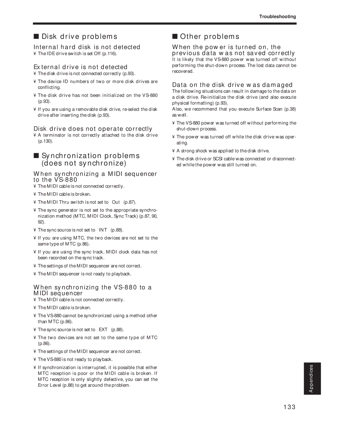 Roland Vs-880 Disk drive problems, Synchronization problems does not synchronize, Other problems 