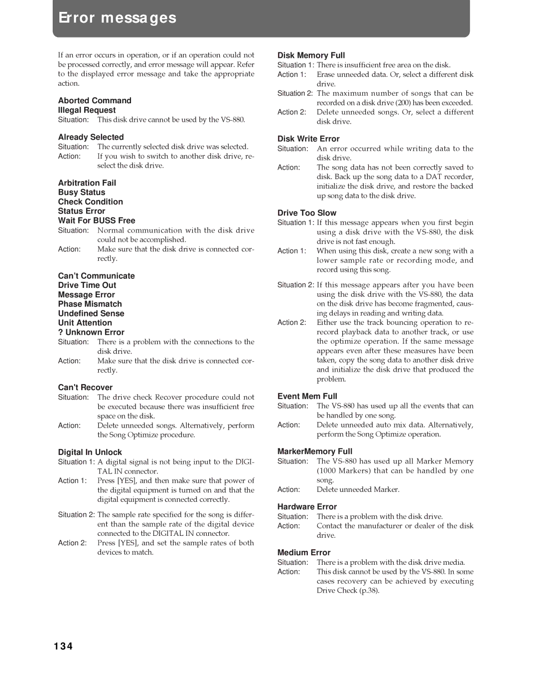 Roland Vs-880 important safety instructions Error messages, 134 