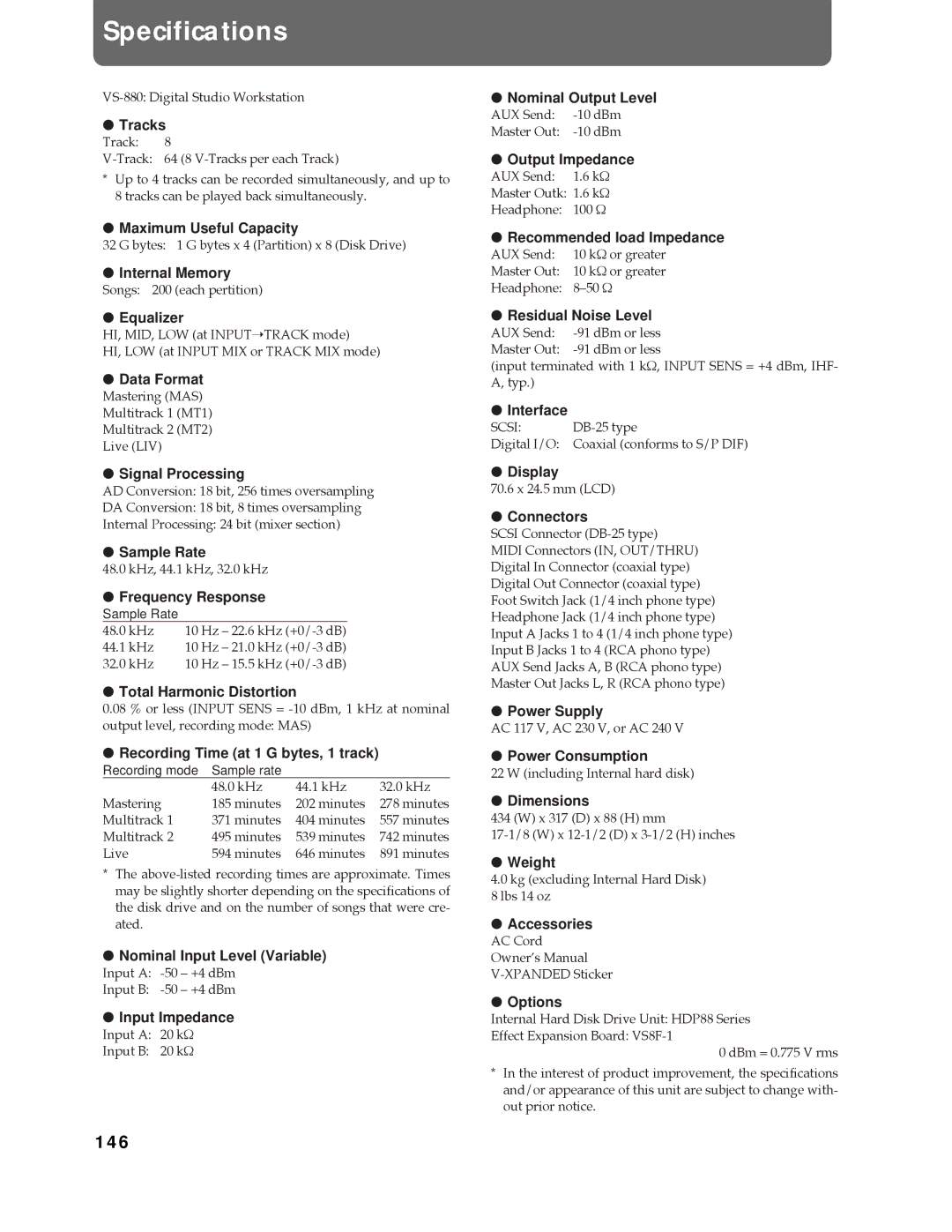 Roland Vs-880 important safety instructions Specifications, 146 