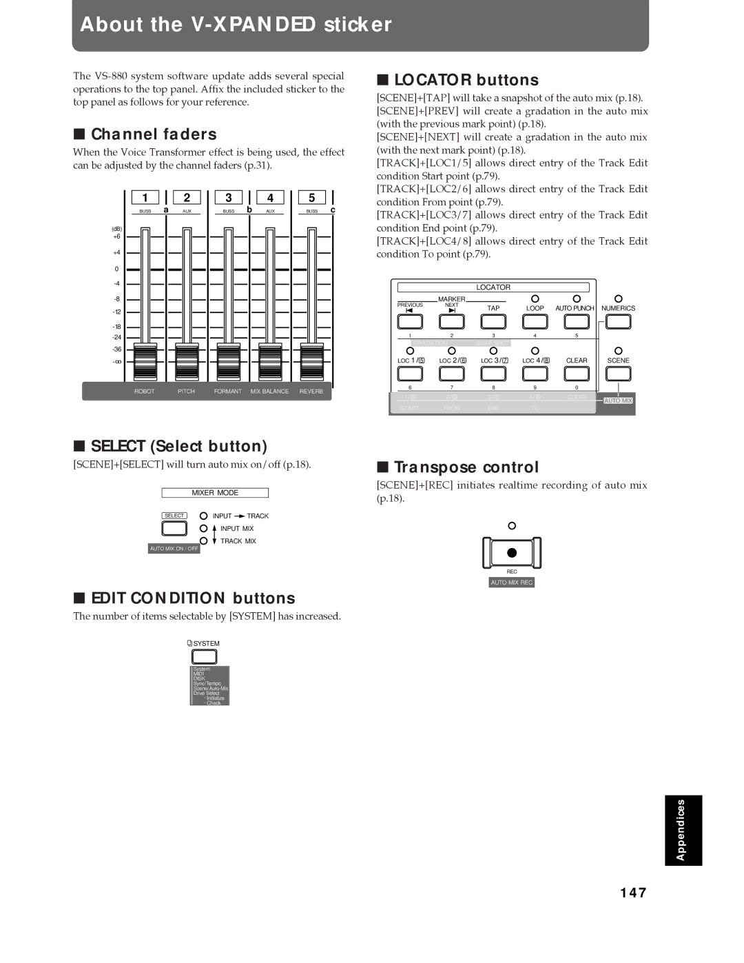 Roland Vs-880 About the V-XPANDED sticker, Channel faders, Select Select button, Transpose control, 147 