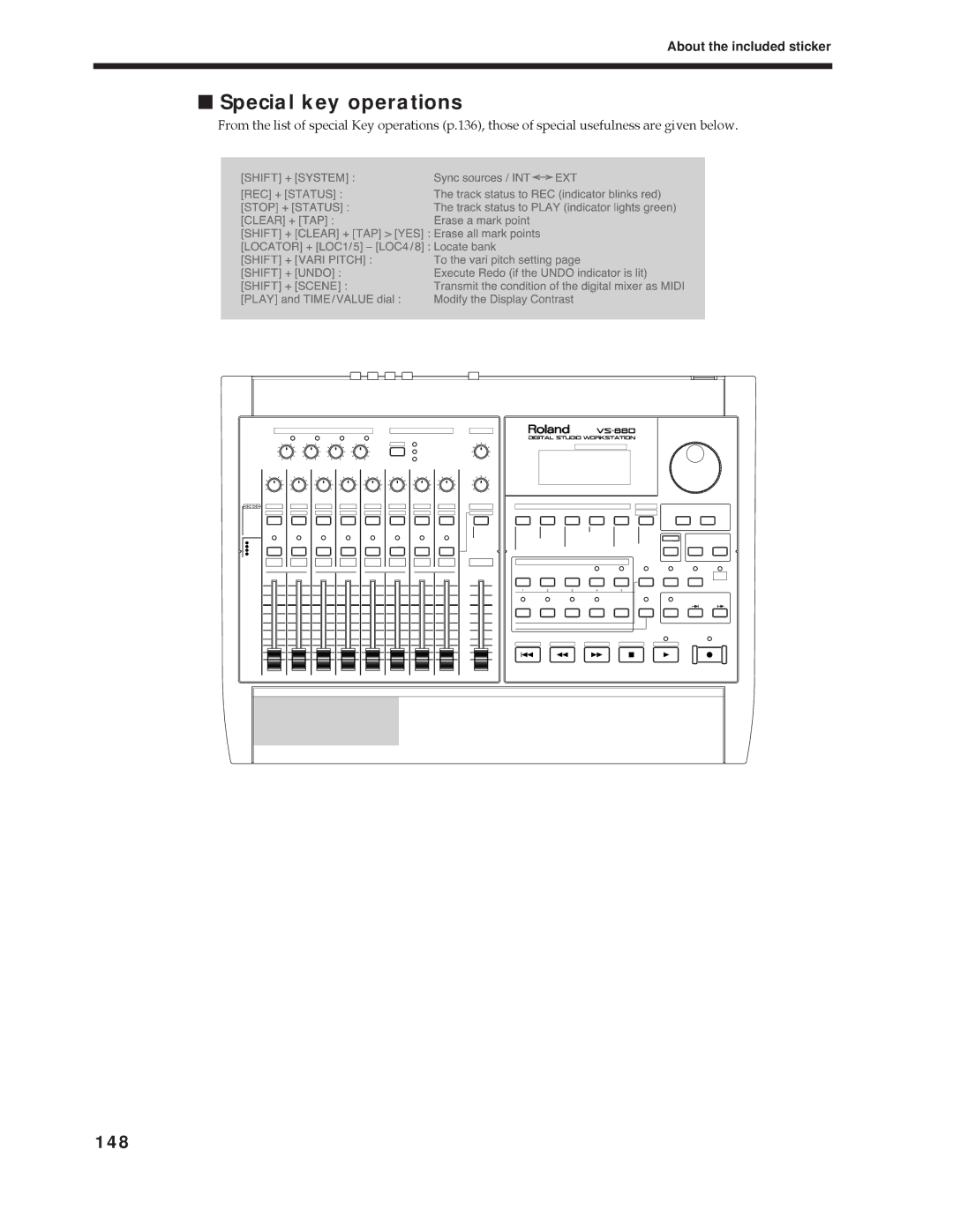 Roland Vs-880 important safety instructions Special key operations, 148, About the included sticker 