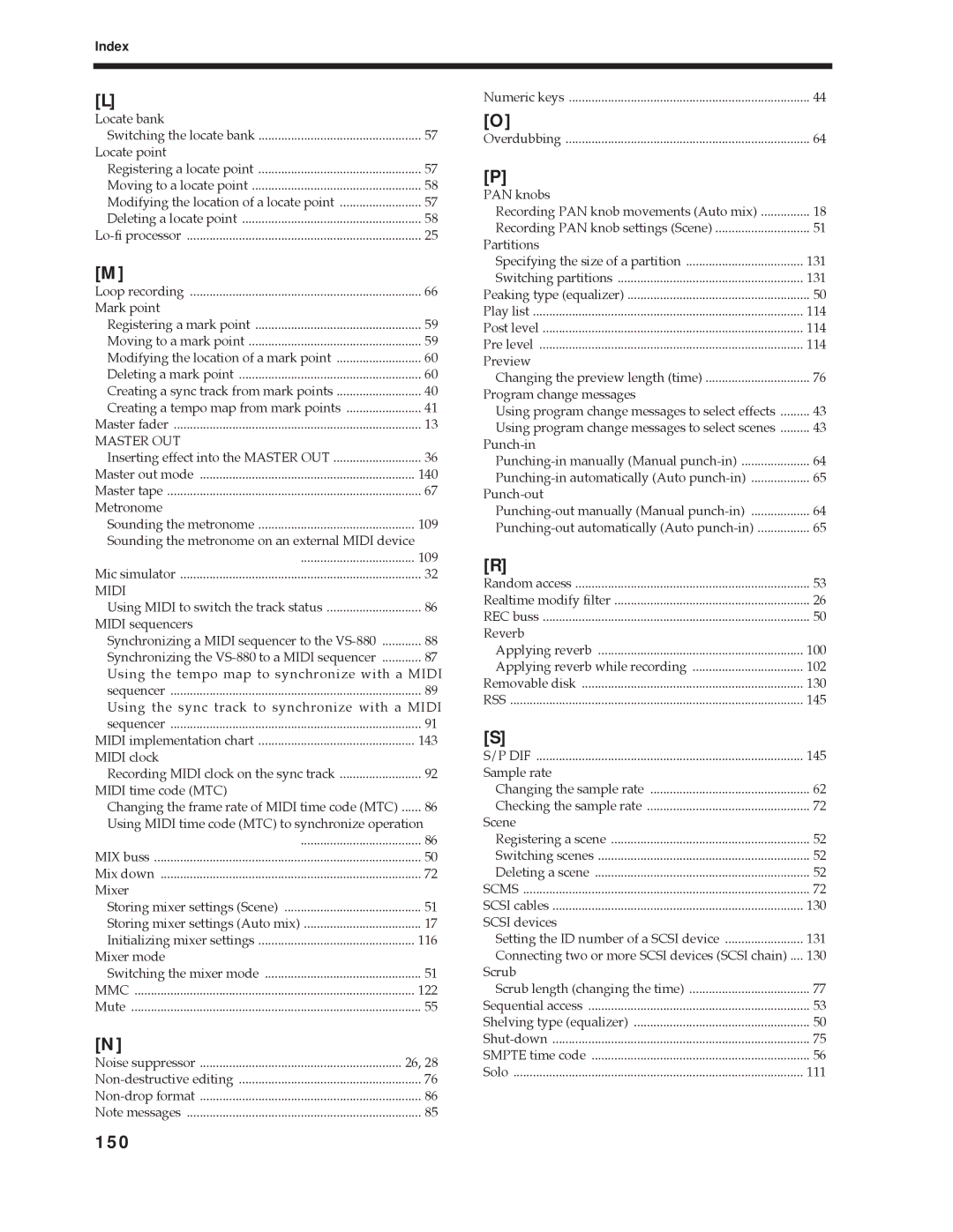 Roland Vs-880 important safety instructions 150, Index, Master OUT, Midi 