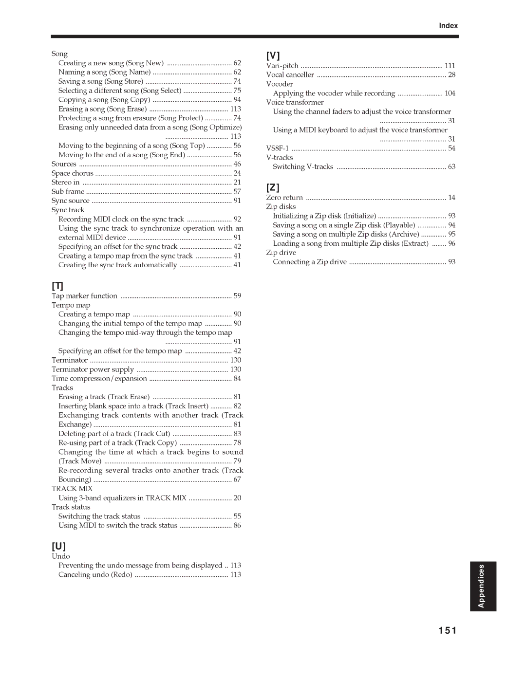 Roland Vs-880 important safety instructions 151, Song 