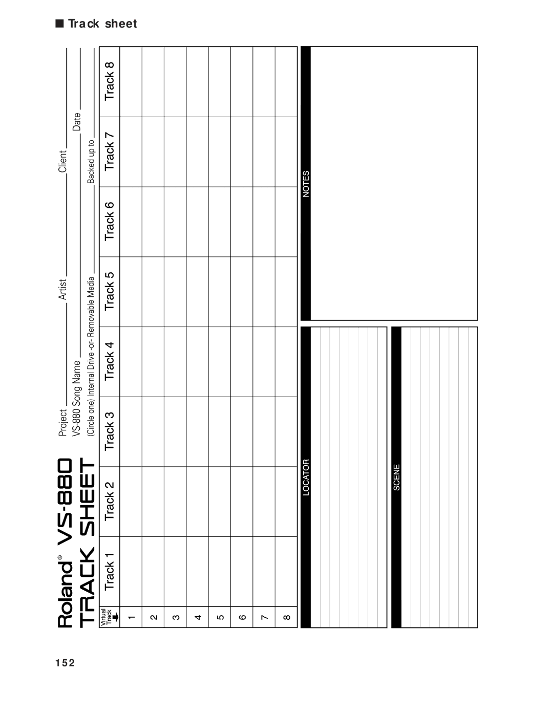 Roland Vs-880 important safety instructions Track sheet, 152 