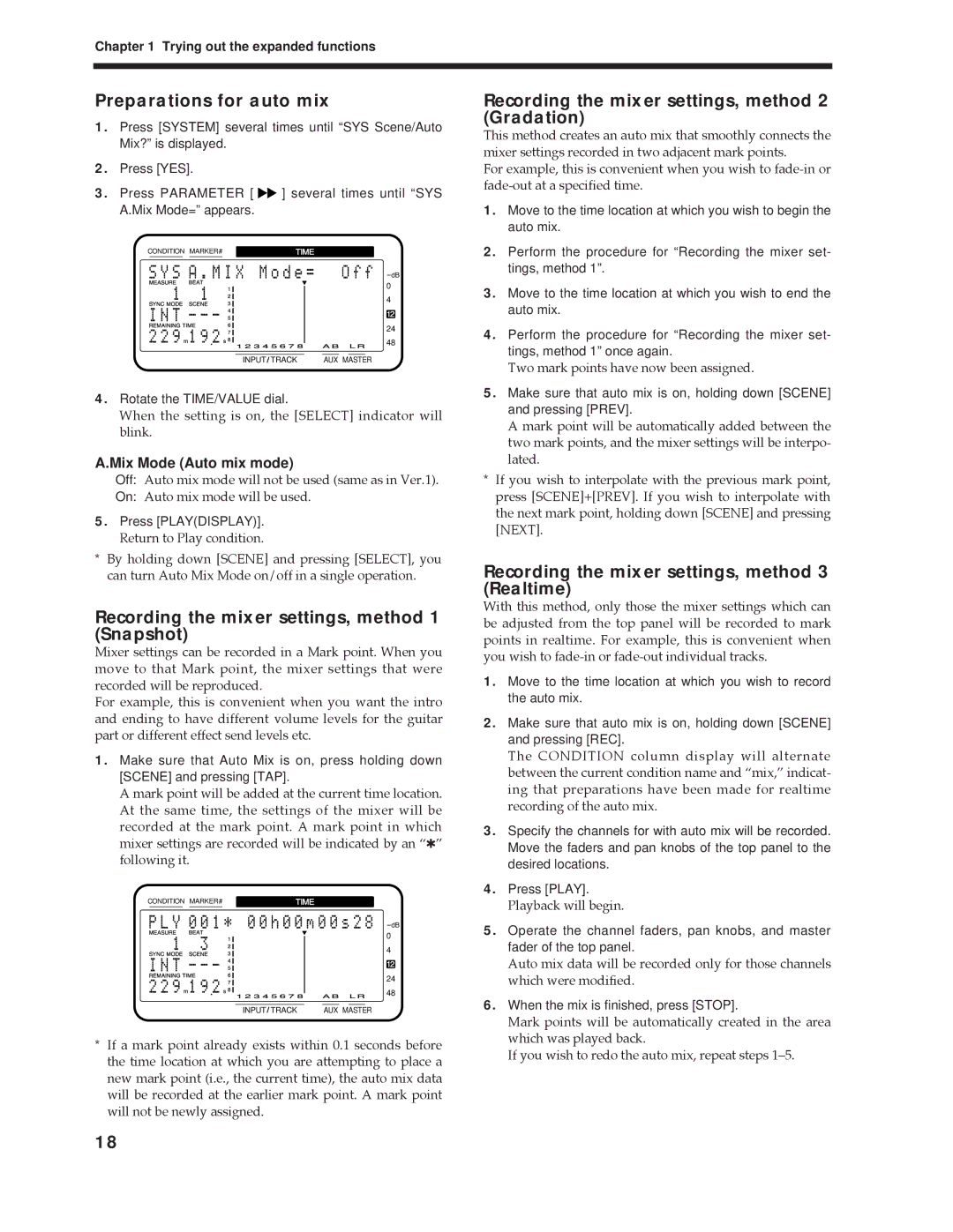 Roland Vs-880 Preparations for auto mix, Recording the mixer settings, method 1 Snapshot, Mix Mode Auto mix mode 