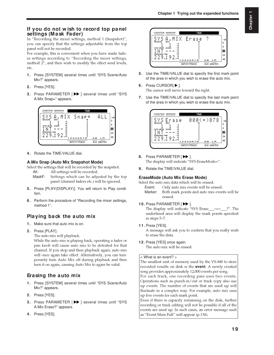 Roland Vs-880 If you do not wish to record top panel settings Mask Fader, Playing back the auto mix, Erasing the auto mix 