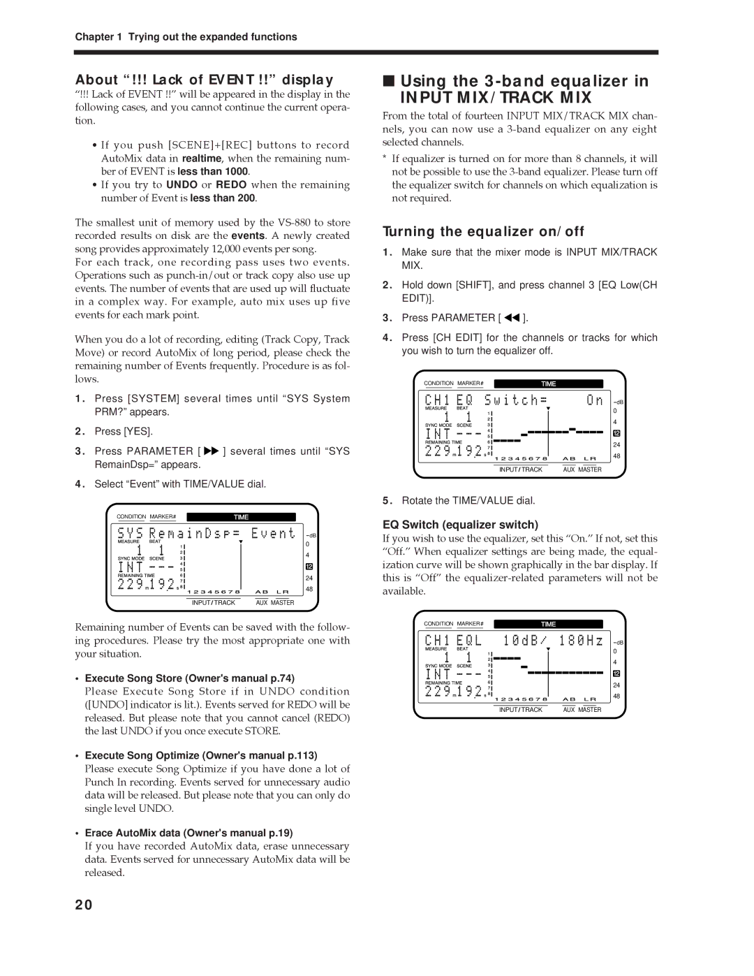 Roland Vs-880 Using the 3-band equalizer, About !!! Lack of Event !! display, Turning the equalizer on/off 