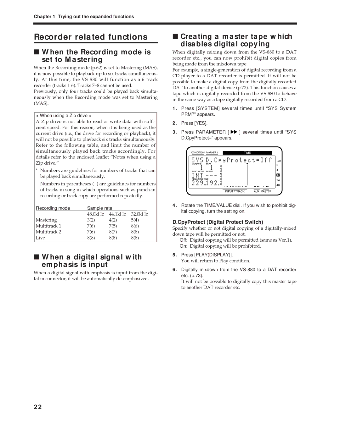 Roland Vs-880 Recorder related functions, When the Recording mode is Set to Mastering, CpyProtect Digital Protect Switch 