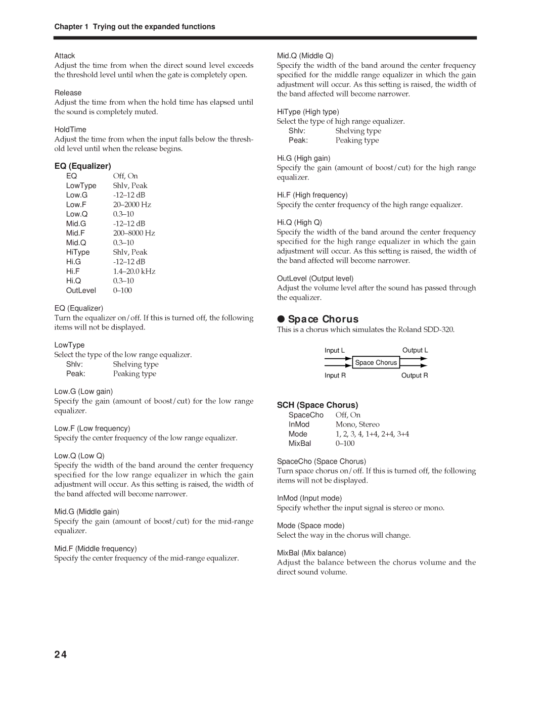 Roland Vs-880 important safety instructions EQ Equalizer, SCH Space Chorus 