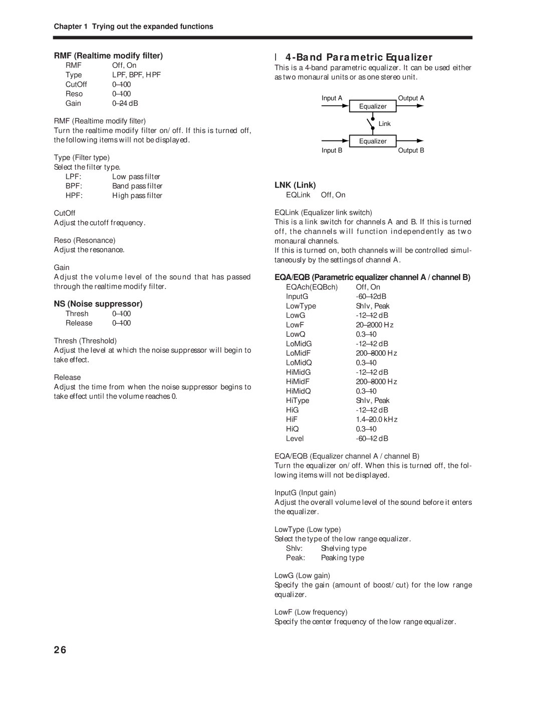 Roland Vs-880 Band Parametric Equalizer, RMF Realtime modify filter, NS Noise suppressor, LNK Link 