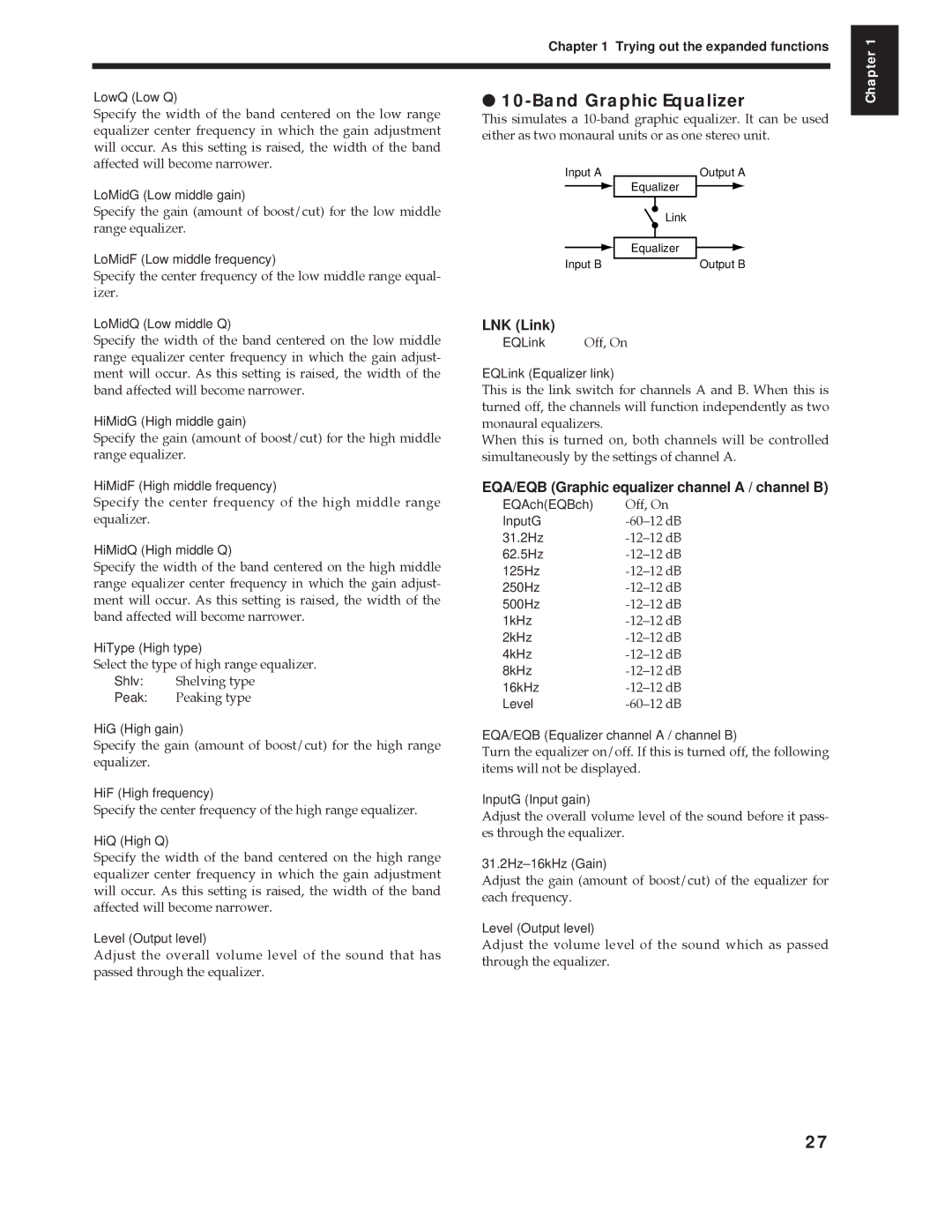 Roland Vs-880 important safety instructions Band Graphic Equalizer, EQA/EQB Graphic equalizer channel a / channel B 