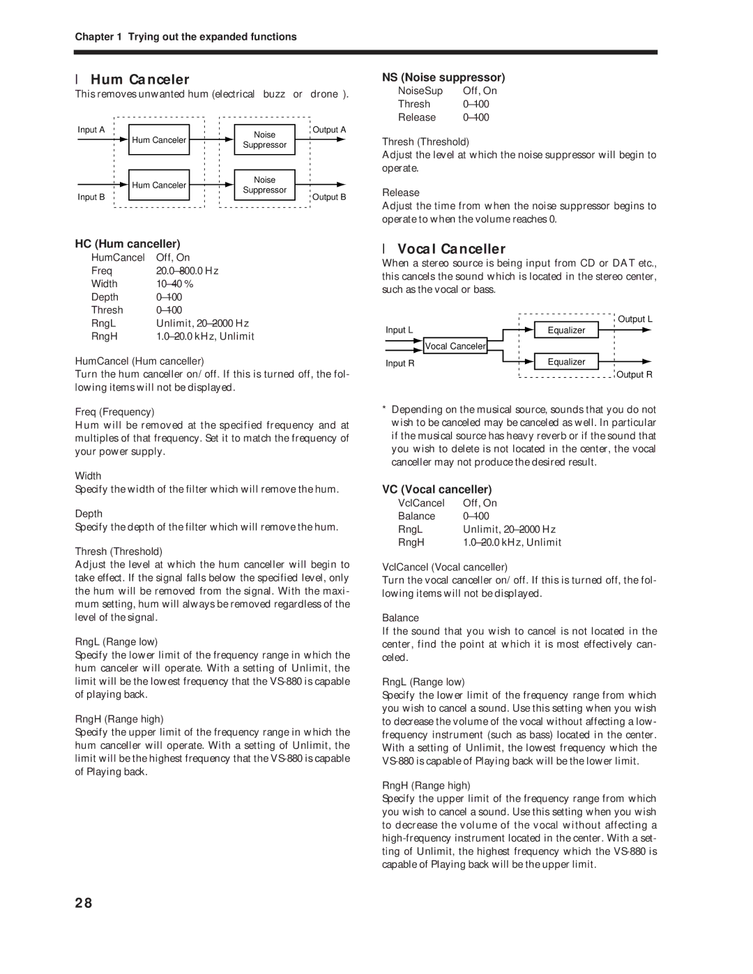 Roland Vs-880 important safety instructions Hum Canceler, Vocal Canceller, HC Hum canceller, VC Vocal canceller 