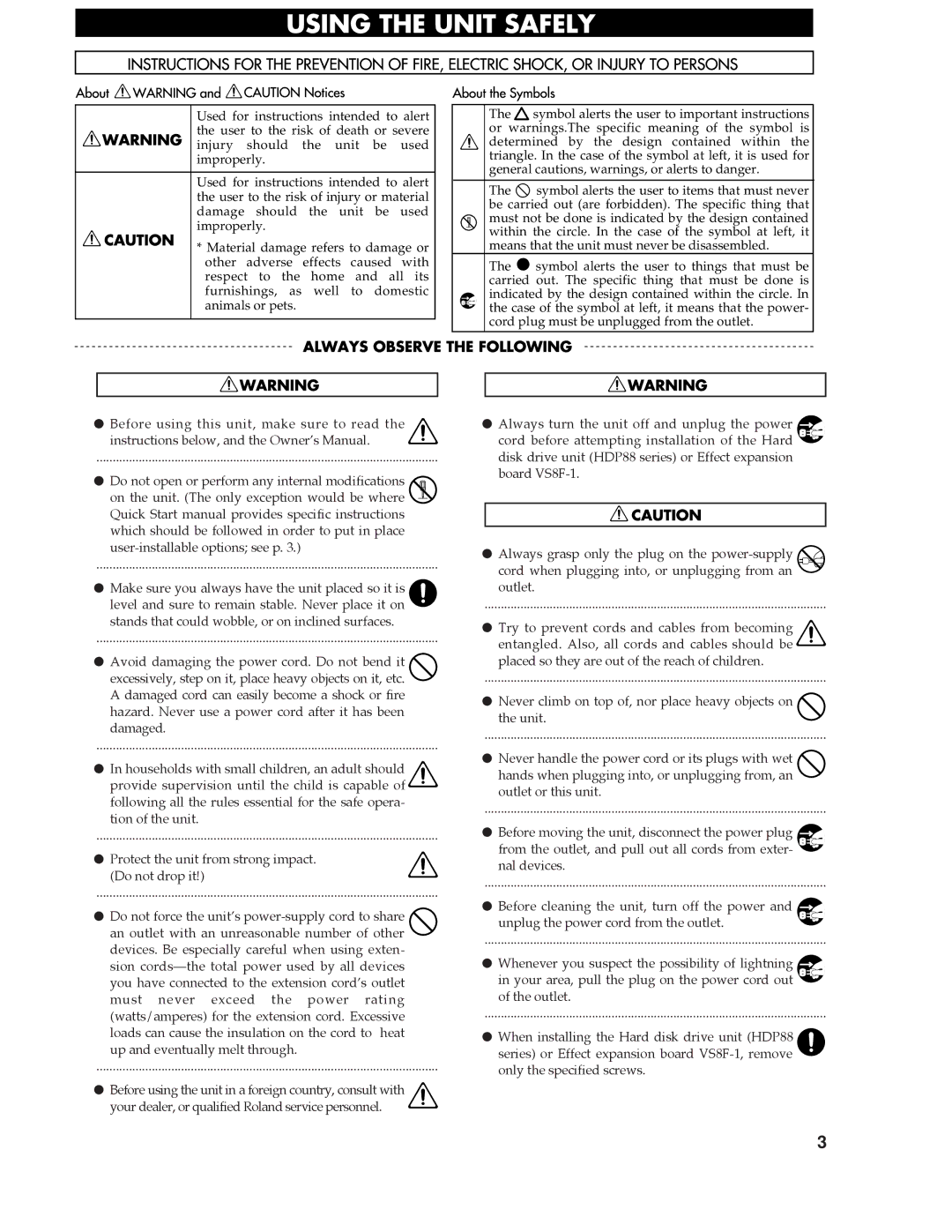 Roland Vs-880 important safety instructions 