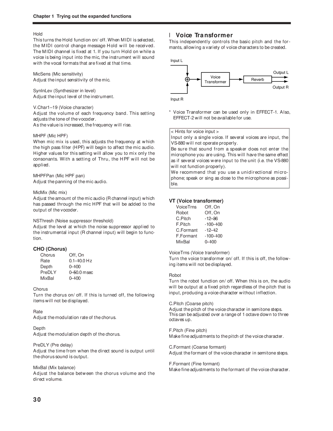 Roland Vs-880 important safety instructions Voice Transformer, CHO Chorus, VT Voice transformer 