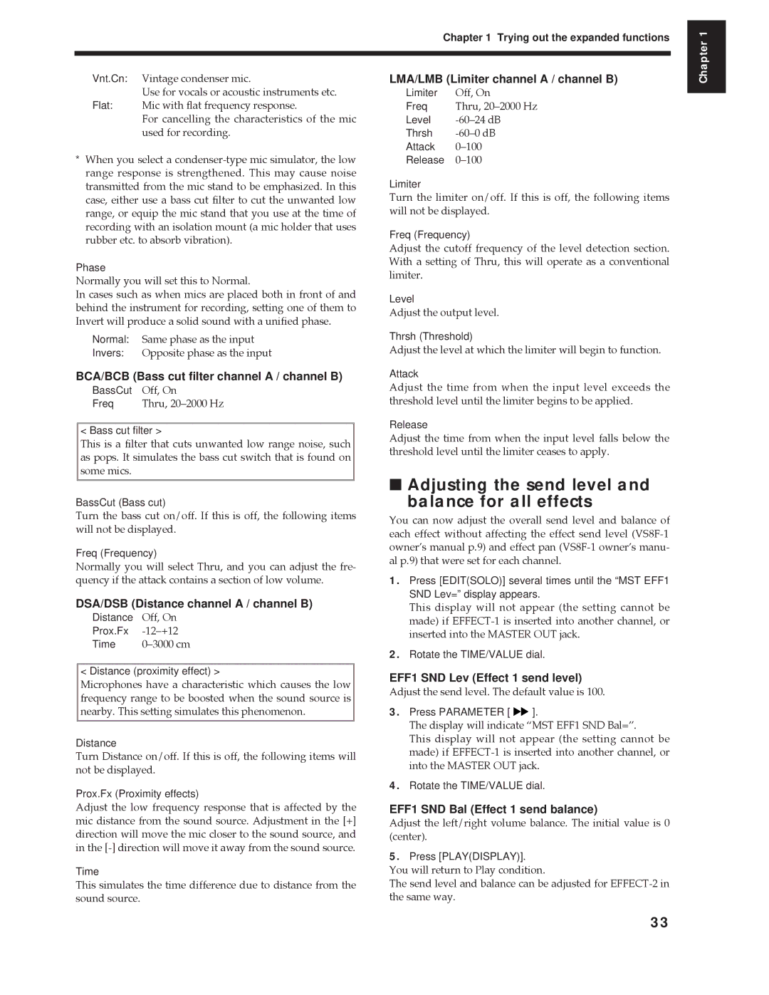 Roland Vs-880 important safety instructions Adjusting the send level Balance for all effects 