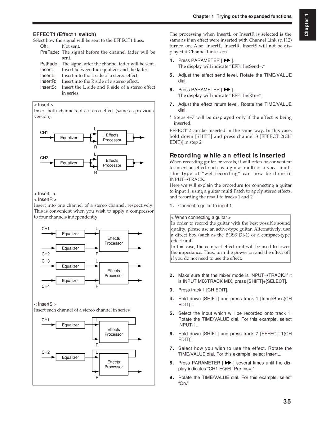 Roland Vs-880 important safety instructions Recording while an effect is inserted, EFFECT1 Effect 1 switch, Inputtrack 