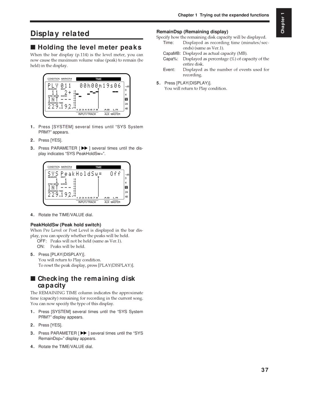 Roland Vs-880 Display related, Holding the level meter peaks, Checking the remaining disk Capacity 