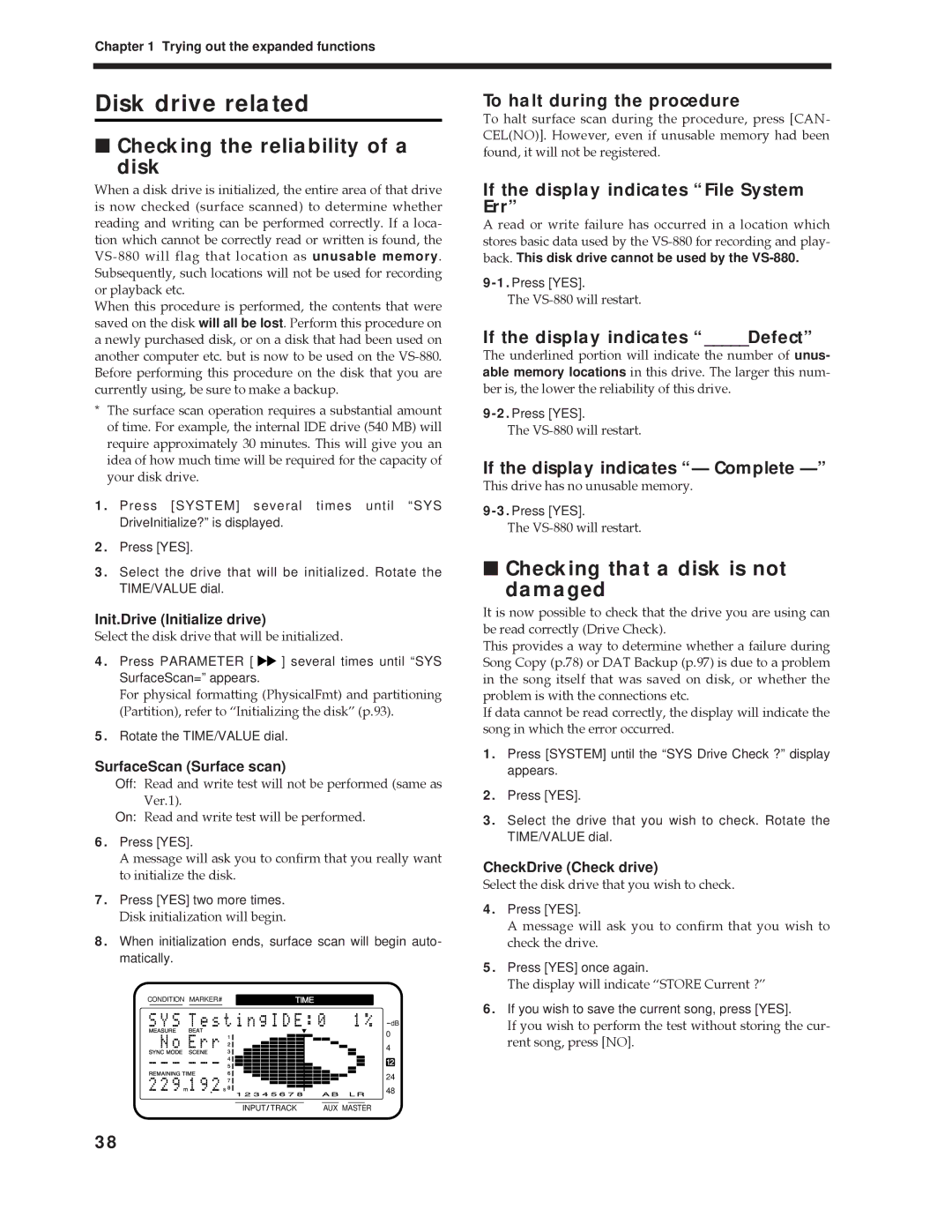 Roland Vs-880 Disk drive related, Checking the reliability of a Disk, Checking that a disk is not Damaged 