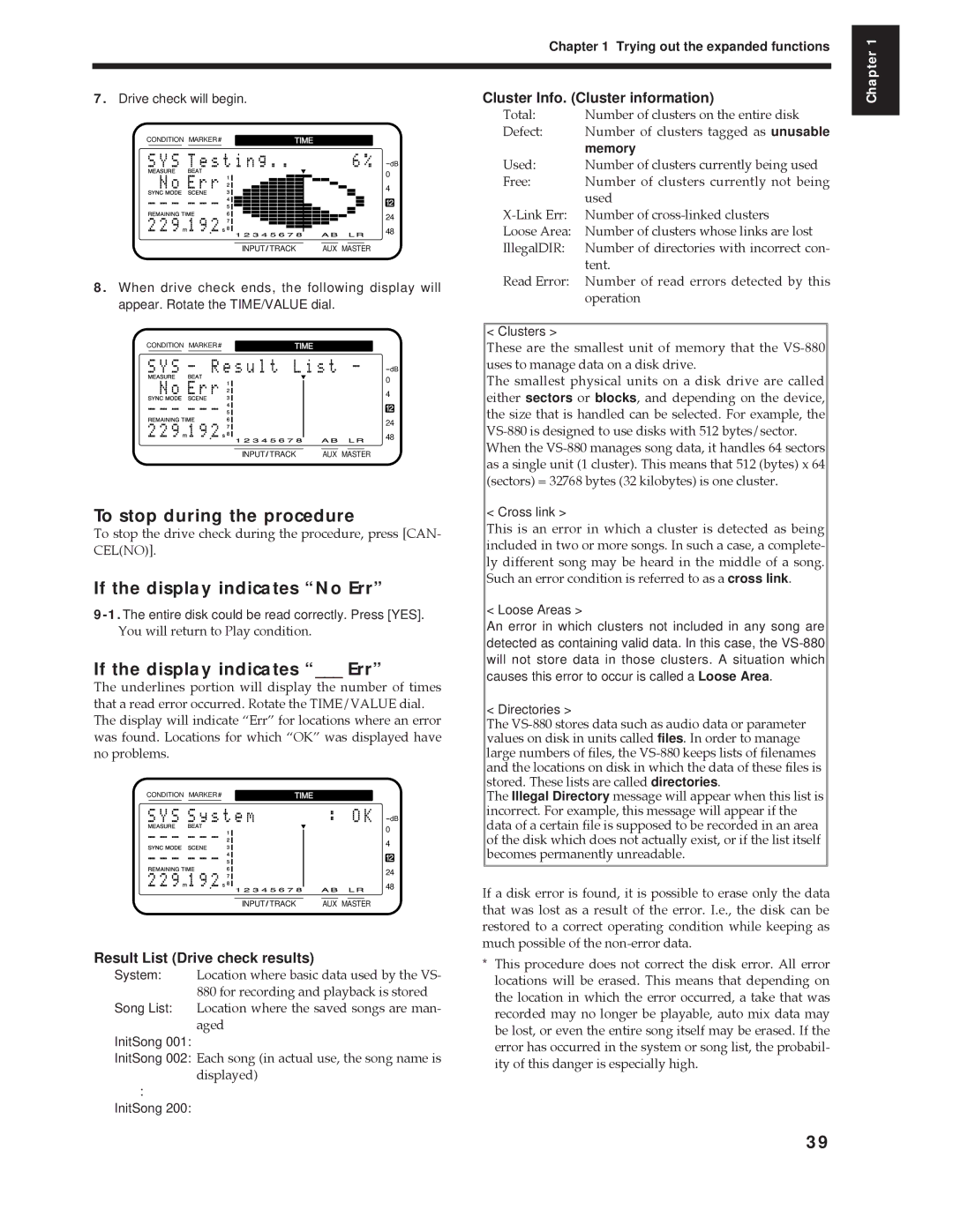 Roland Vs-880 To stop during the procedure, If the display indicates No Err, If the display indicates Err 