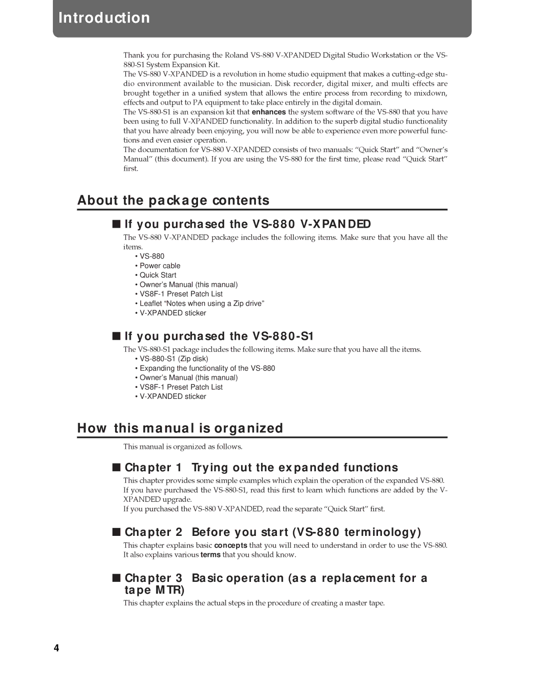 Roland Vs-880 important safety instructions Introduction, About the package contents, How this manual is organized 