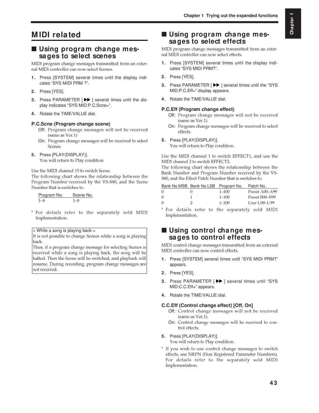 Roland Vs-880 important safety instructions Midi related, Using program change mes Sages to select scenes 