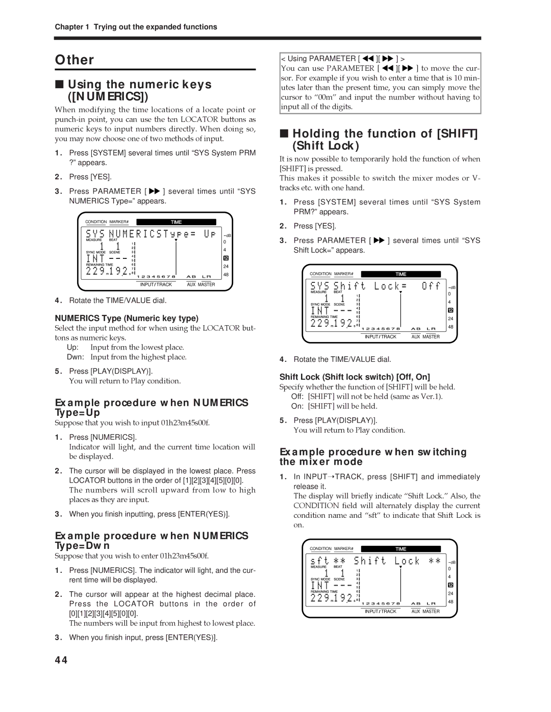 Roland Vs-880 important safety instructions Other, Using the numeric keys, Holding the function of Shift Shift Lock 