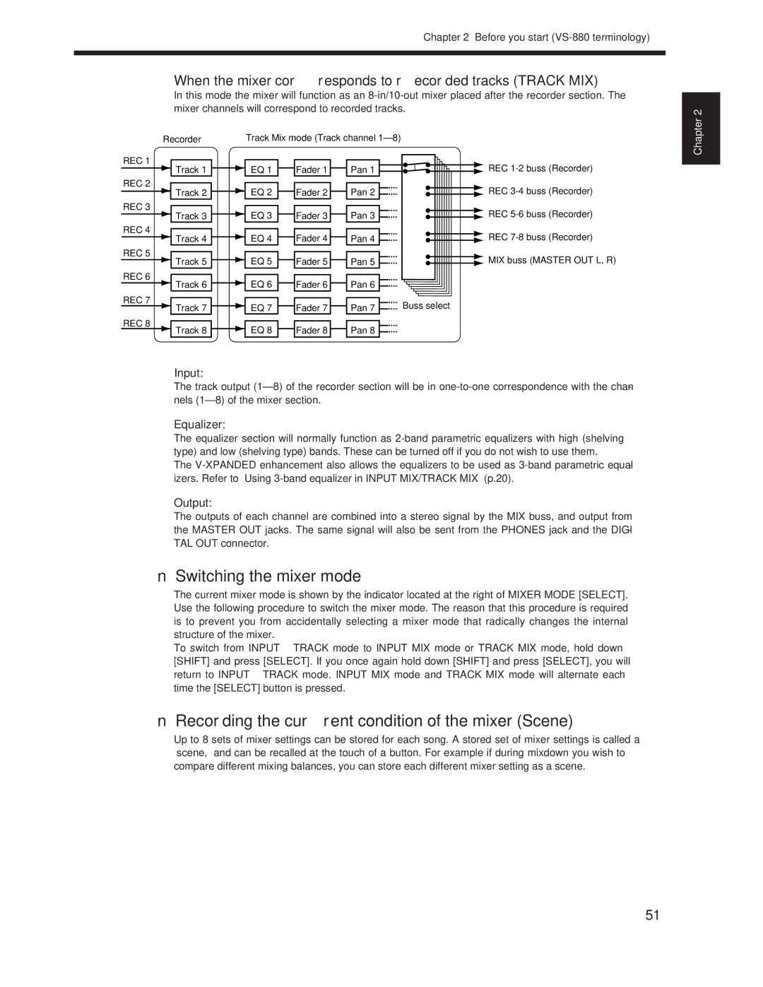 Roland Vs-880 important safety instructions Switching the mixer mode, Recording the current condition of the mixer Scene 