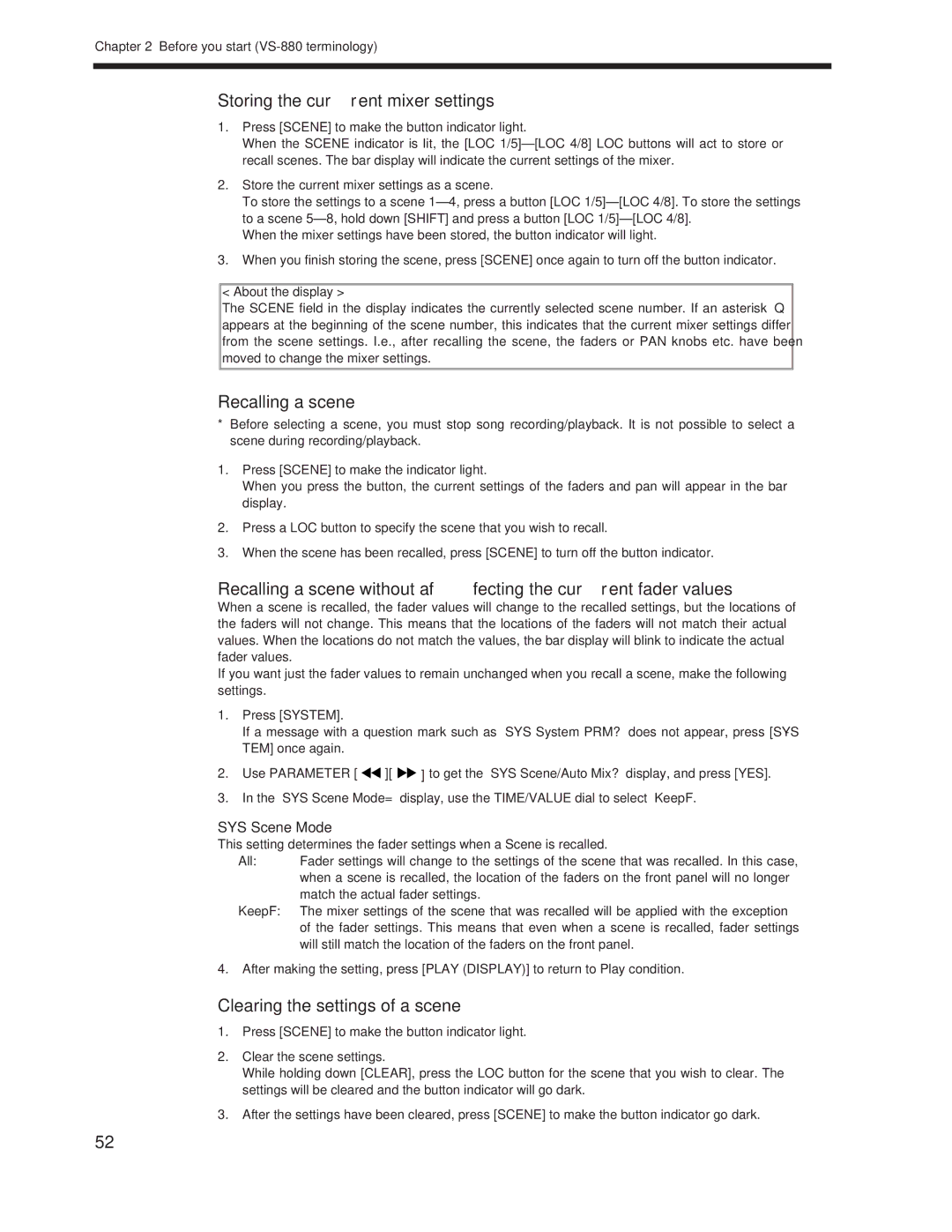 Roland Vs-880 Storing the current mixer settings, Recalling a scene, Clearing the settings of a scene, SYS Scene Mode 