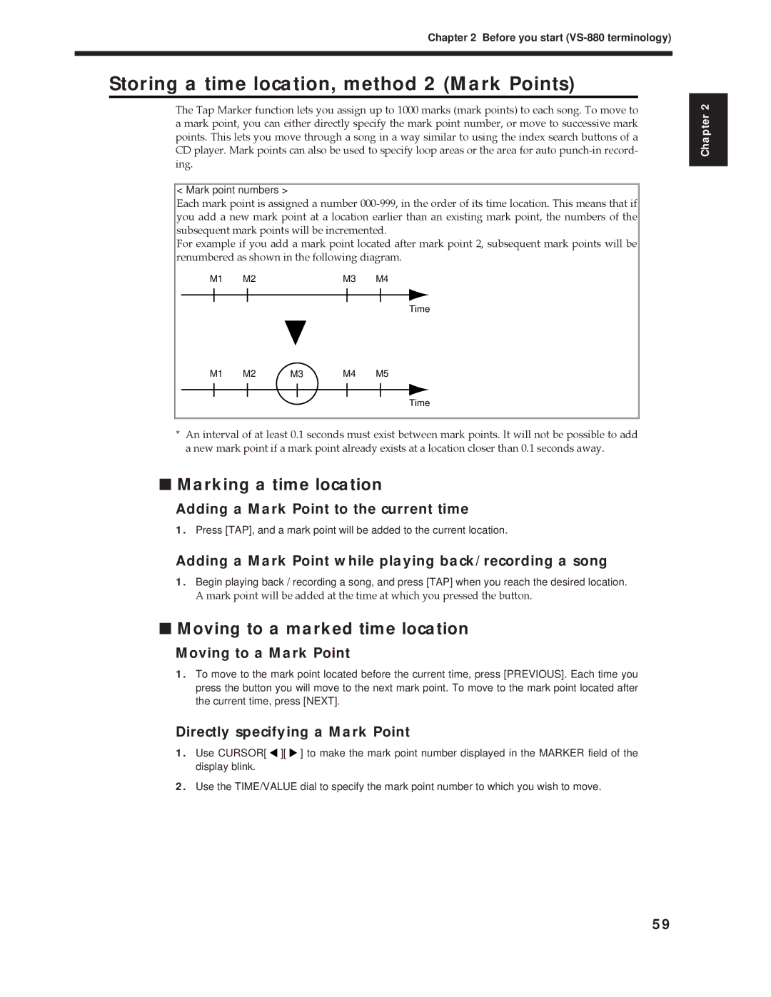 Roland Vs-880 Storing a time location, method 2 Mark Points, Marking a time location, Moving to a marked time location 