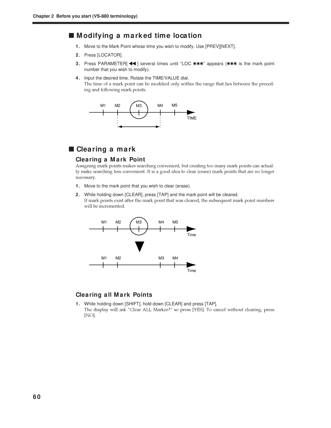 Roland Vs-880 Modifying a marked time location, Clearing a mark, Clearing a Mark Point, Clearing all Mark Points 