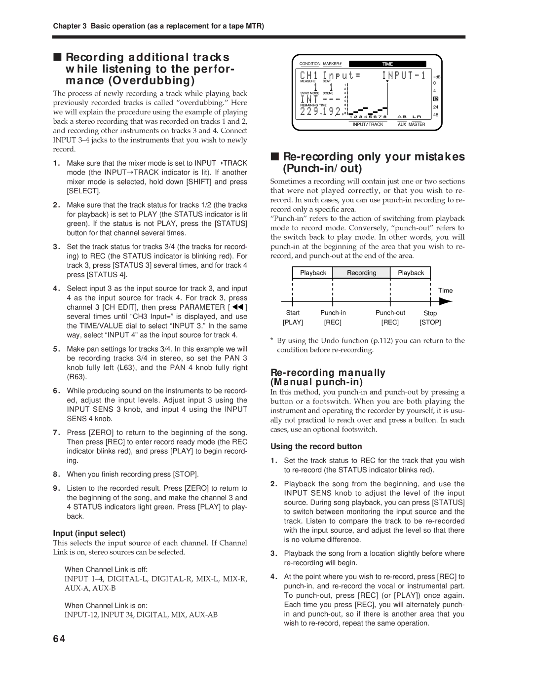 Roland Vs-880 Re-recording only your mistakes Punch-in/out, Re-recording manually Manual punch-in, Input input select 