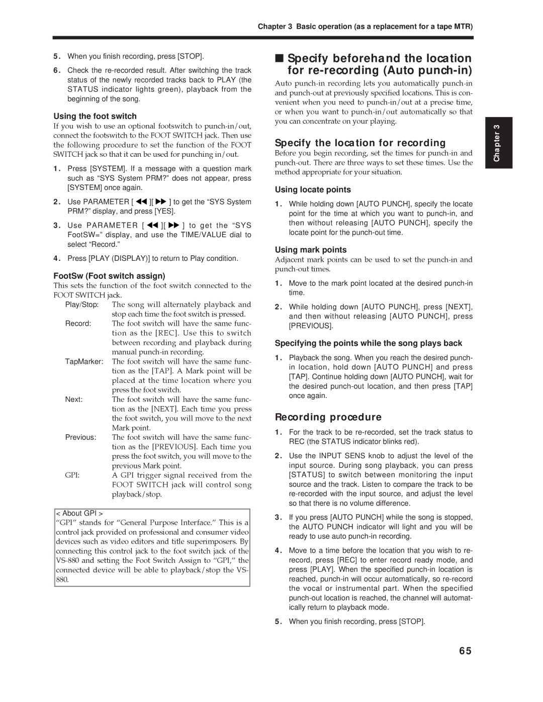 Roland Vs-880 important safety instructions Specify the location for recording, Recording procedure 