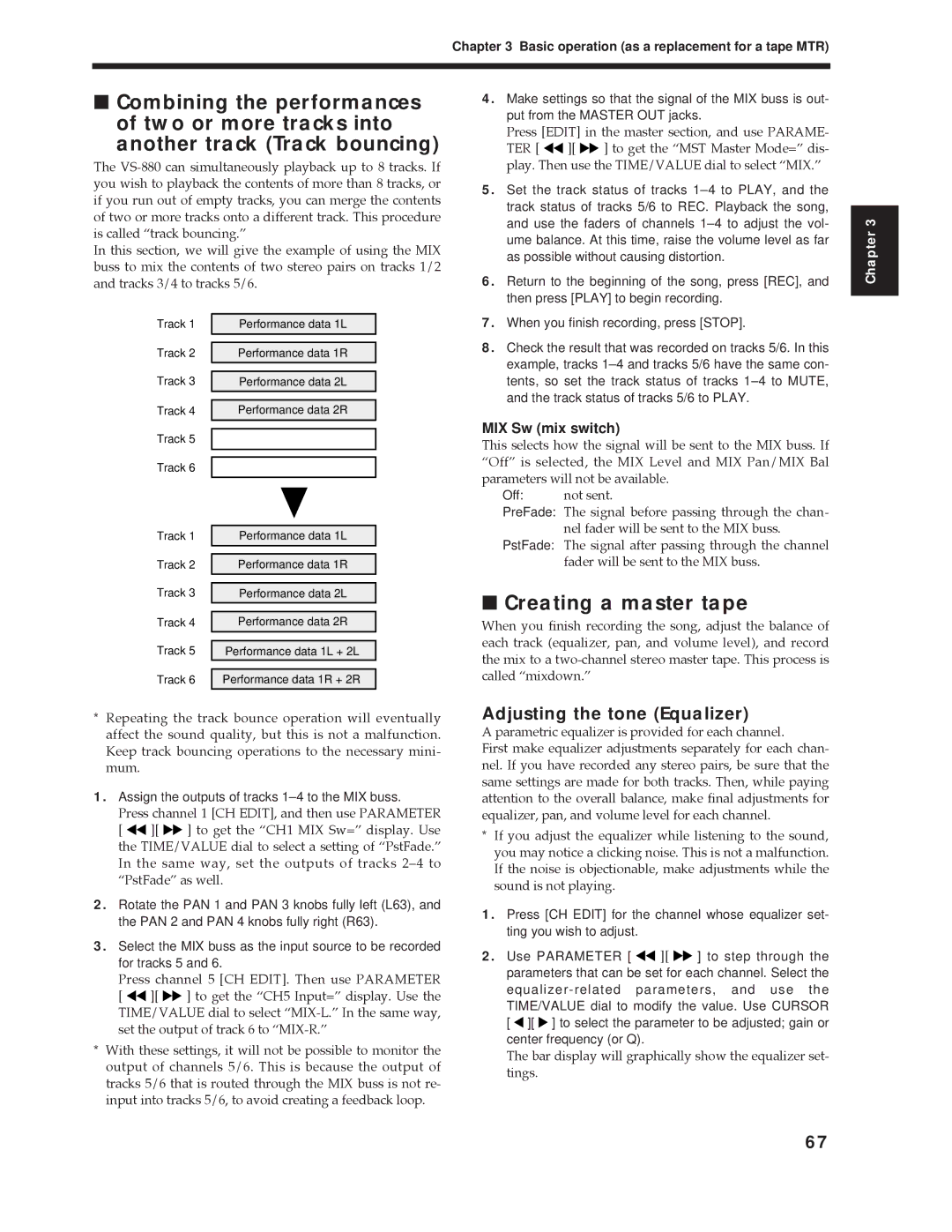 Roland Vs-880 important safety instructions Creating a master tape, Adjusting the tone Equalizer, MIX Sw mix switch 