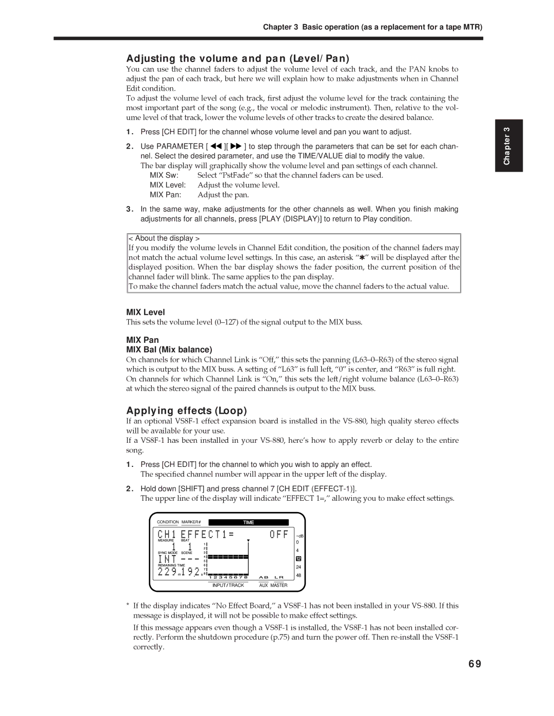 Roland Vs-880 Adjusting the volume and pan Level/Pan, Applying effects Loop, MIX Level, MIX Pan MIX Bal Mix balance 