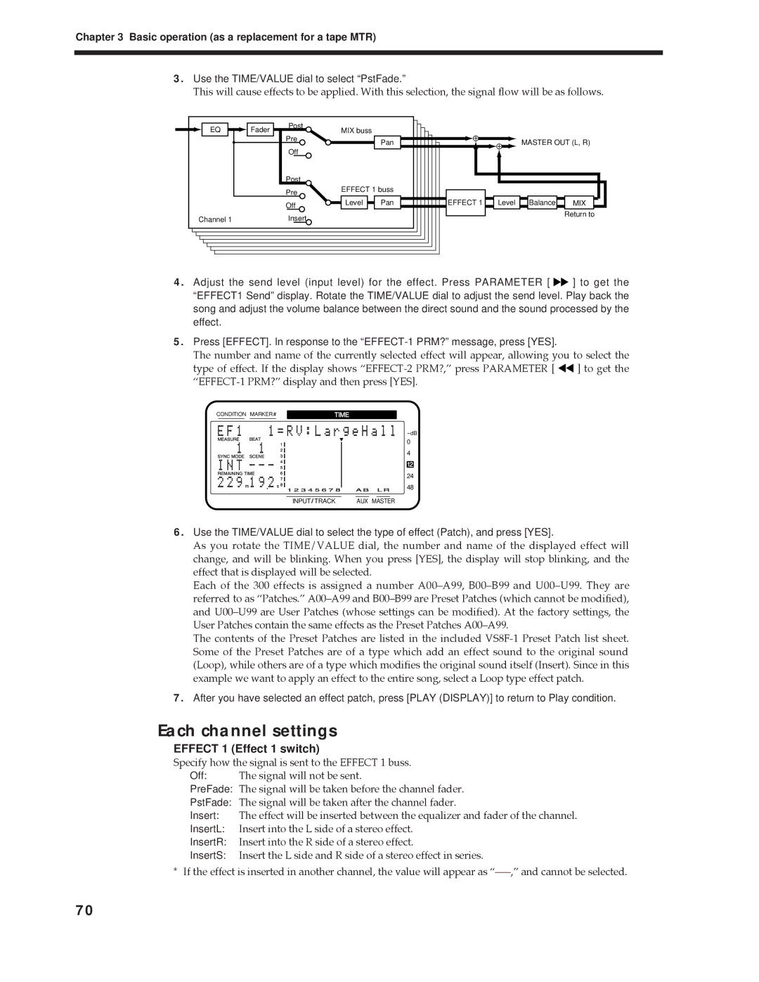 Roland Vs-880 important safety instructions Each channel settings, Effect 1 Effect 1 switch 