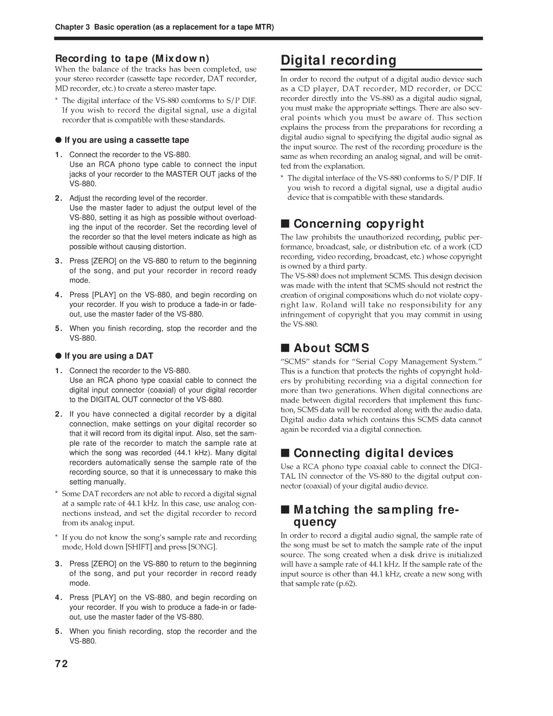 Roland Vs-880 important safety instructions Digital recording, Concerning copyright, About Scms, Connecting digital devices 