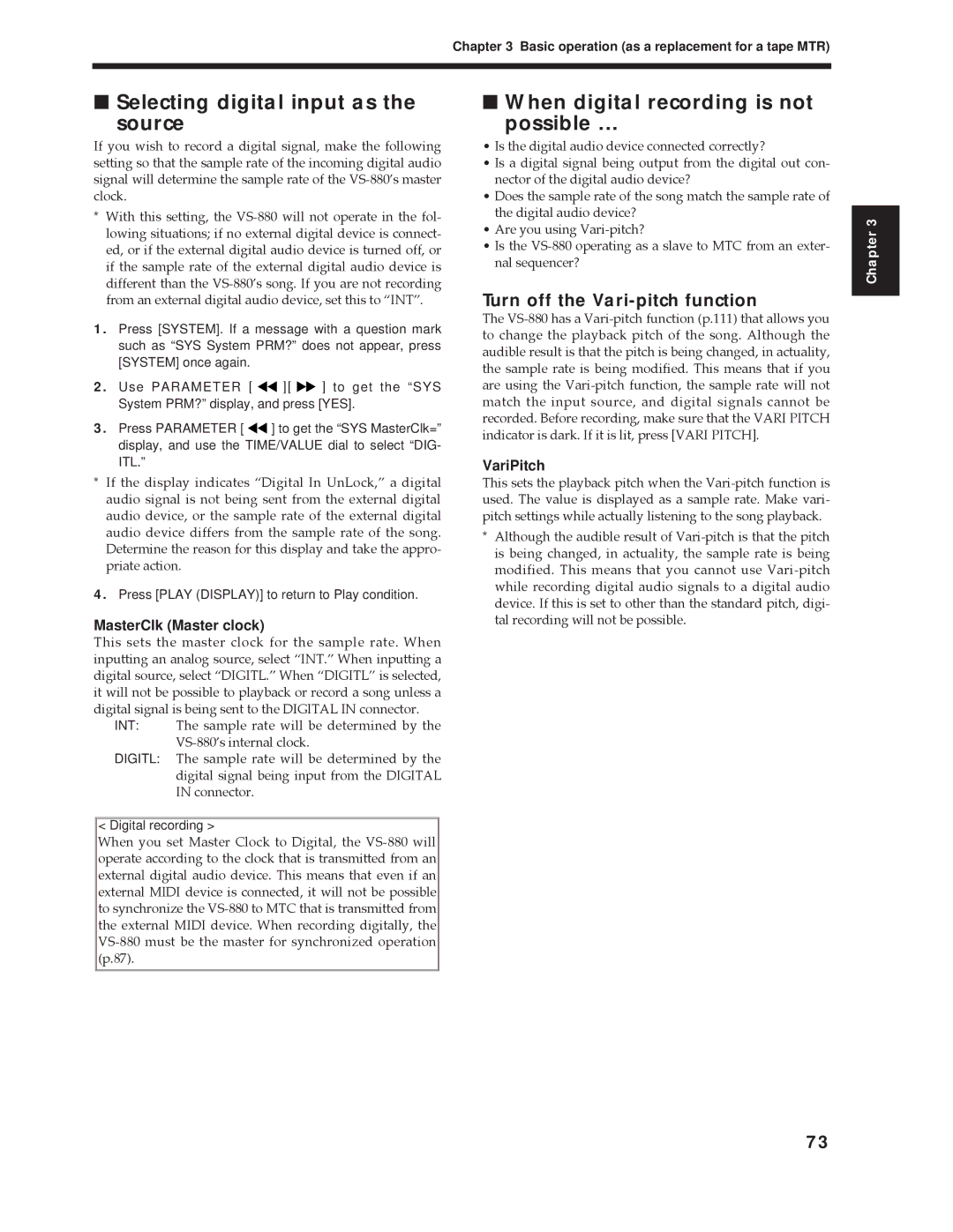 Roland Vs-880 Selecting digital input as Source, When digital recording is not Possible, Turn off the Vari-pitch function 