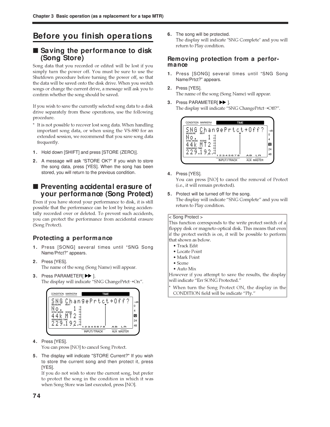 Roland Vs-880 Before you finish operations, Saving the performance to disk Song Store, Protecting a performance 