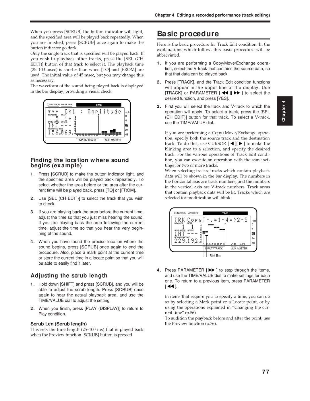 Roland Vs-880 Basic procedure, Finding the location where sound begins example, Adjusting the scrub length 