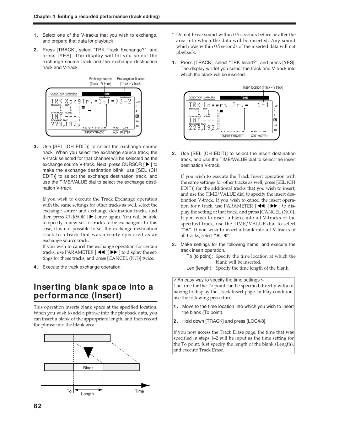 Roland Vs-880 important safety instructions Inserting blank space into a performance Insert 