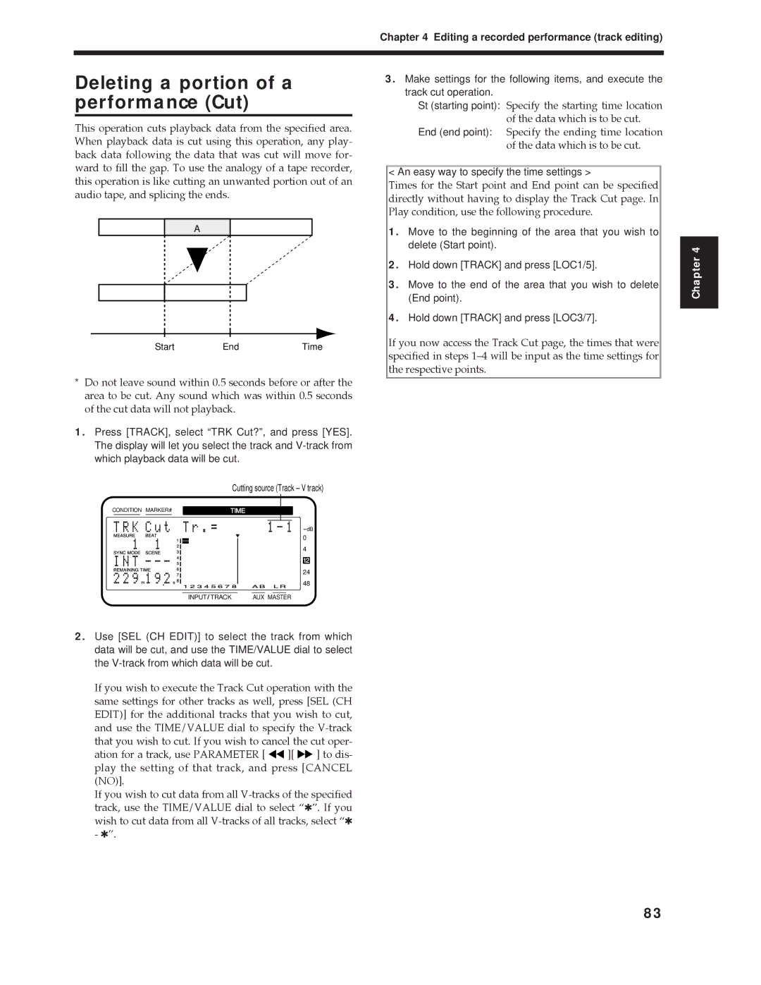 Roland Vs-880 important safety instructions Deleting a portion of a performance Cut 