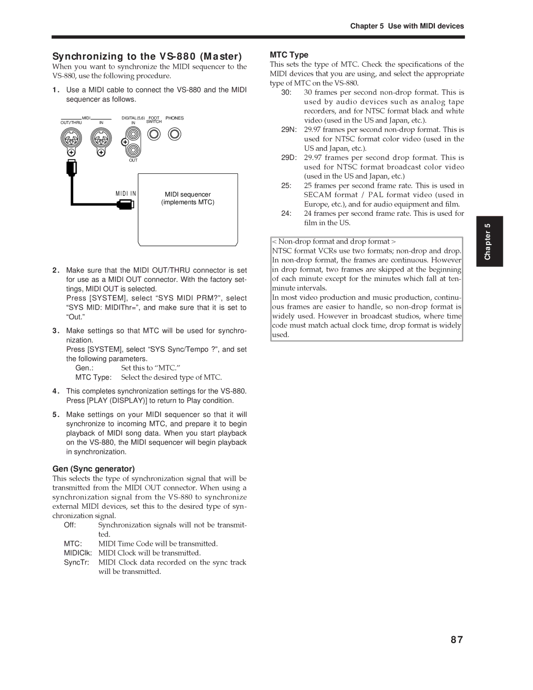 Roland Vs-880 important safety instructions Synchronizing to the VS-880 Master, MTC Type 