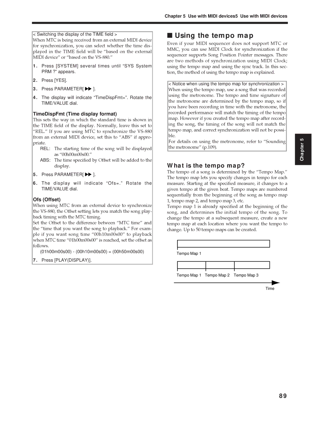 Roland Vs-880 important safety instructions What is the tempo map?, TimeDispFmt Time display format, Ofs Offset 