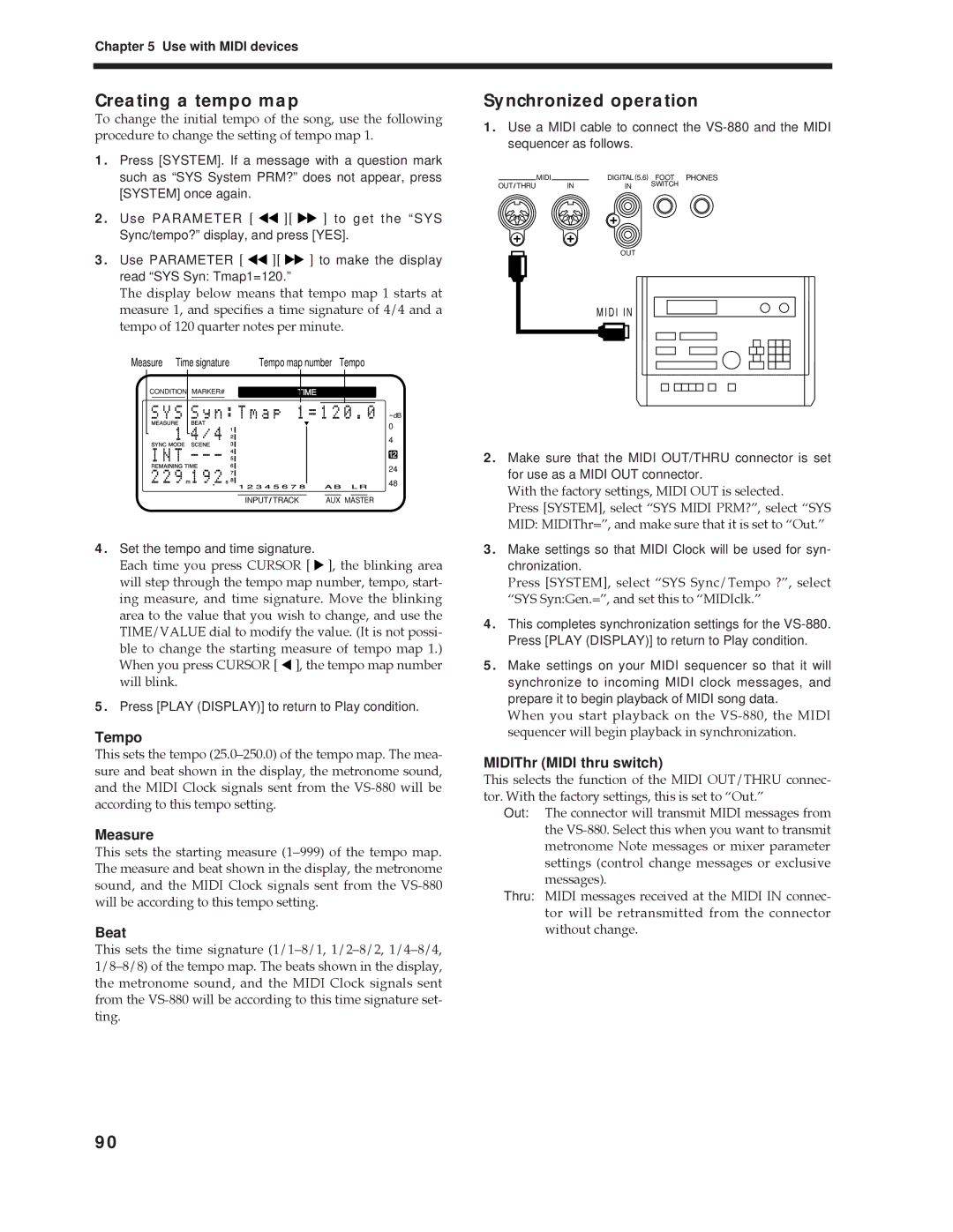 Roland Vs-880 important safety instructions Creating a tempo map, Synchronized operation 