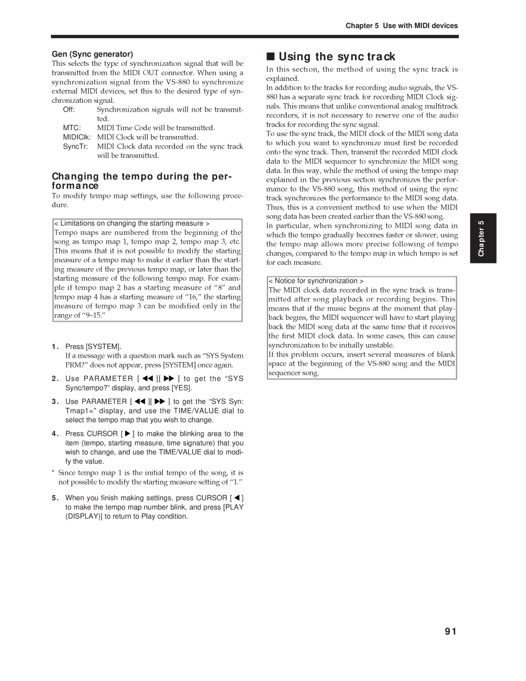 Roland Vs-880 important safety instructions Using the sync track, Changing the tempo during the per- formance 