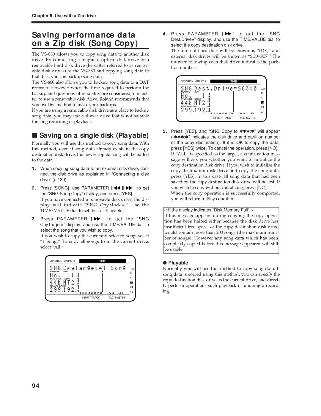 Roland Vs-880 Saving performance data on a Zip disk Song Copy, Saving on a single disk Playable, Use with a Zip drive 