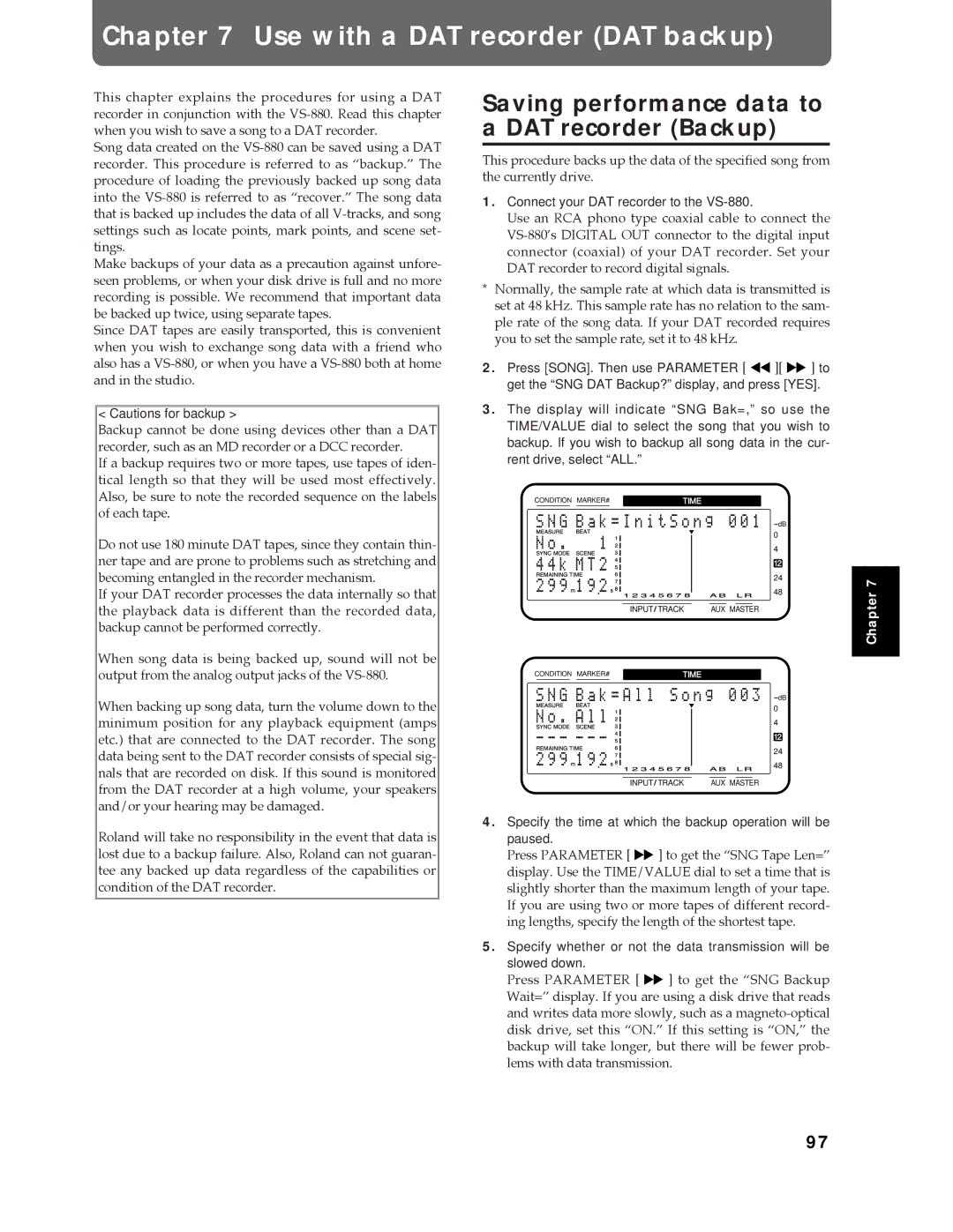 Roland Vs-880 Use with a DAT recorder DAT backup, Saving performance data to a DAT recorder Backup 